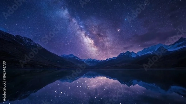 Obraz A breathtaking view of the Milky Way arching over a serene lake, with reflections shimmering on the water 