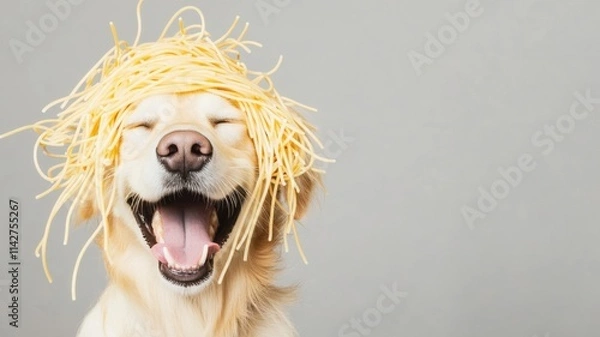 Fototapeta Happy dog full with spaghetti on its head, showcasing a playful and humorous expression.