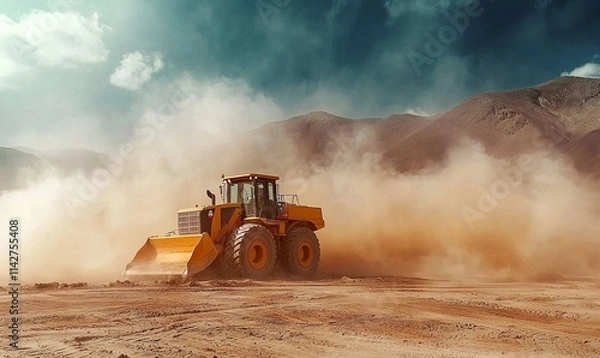 Fototapeta Heavy machinery operates in dusty terrain near mountains under a cloudy sky