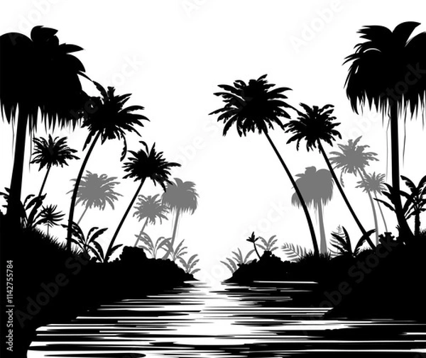 Fototapeta River in forest. Image of black silhouette isolated on white background. Vector tropical landscape. Plants in jungle. Southern thickets. Tall palm trees.