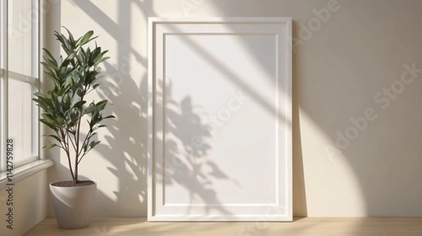 Fototapeta A blank white picture frame next to a thriving potted plant, illuminated by soft sunlight streaming through a window.