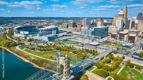 Fototapeta Aerial of John A. Roebling Bridge and Cincinnati Skyline
