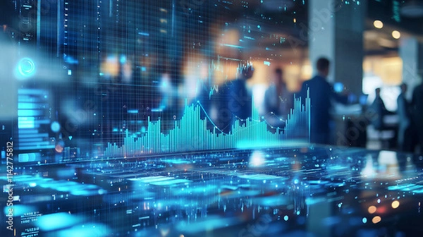 Fototapeta Futuristic digital data display in modern office environment.