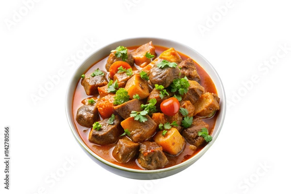 Obraz Bowl of Stew with Chunks of Meat, Potatoes, Carrots, Garnished with Fresh Cilantro and Cherry Tomatoes on White Background