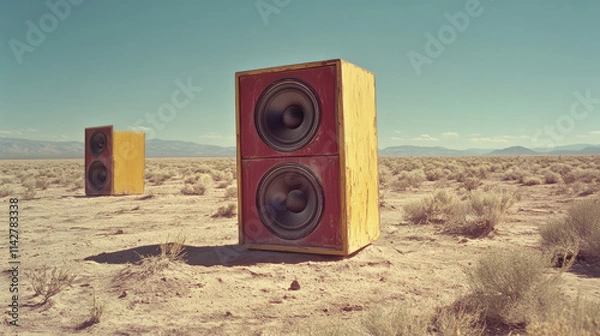Fototapeta Two oversized speakers, one red and one yellow, standing in an empty desert landscape under a clear blue sky with sparse clouds.
