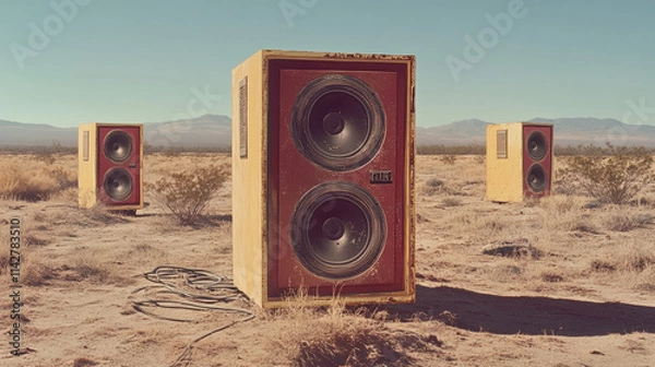 Fototapeta Two oversized speakers, one red and one yellow, standing in an empty desert landscape under a clear blue sky with sparse clouds.