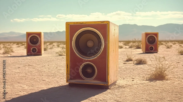 Fototapeta Two oversized speakers, one red and one yellow, standing in an empty desert landscape under a clear blue sky with sparse clouds.