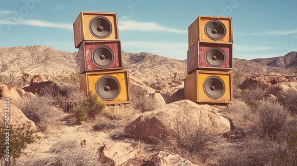 Fototapeta Two oversized speakers, one red and one yellow, standing in an empty desert landscape under a clear blue sky with sparse clouds.