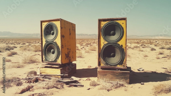 Fototapeta Two oversized speakers, one red and one yellow, standing in an empty desert landscape under a clear blue sky with sparse clouds.
