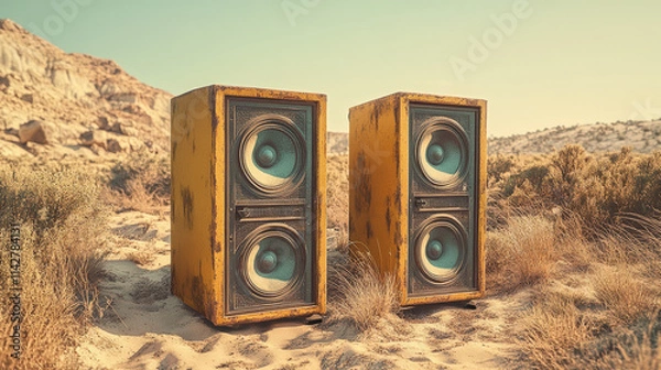 Fototapeta Two oversized speakers, one red and one yellow, standing in an empty desert landscape under a clear blue sky with sparse clouds.