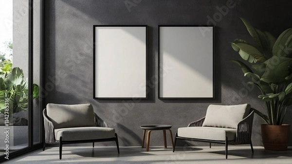 Fototapeta Modern living room with two elegant chairs and blank frames, featuring indoor plants and a serene ambiance.