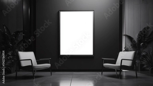 Fototapeta Minimalist interior featuring two modern chairs and a blank frame on a dark wall.