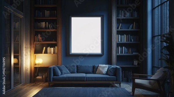 Fototapeta Cozy living room featuring a blue sofa, soft lighting, and a blank canvas framed on a dark wall.