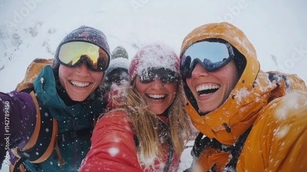 Fototapeta Group of friends enjoying a snowy mountain adventure, smiling and taking a selfie.