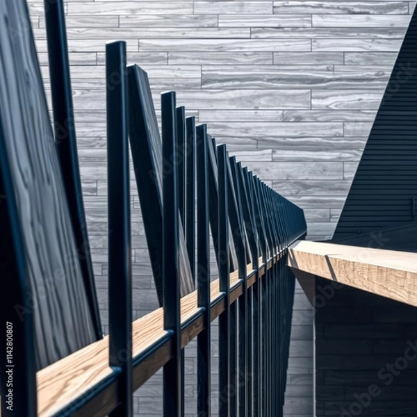 Obraz Metal fence with longitudinal lines wood concrete design wood design concrete architecture wall floor modern