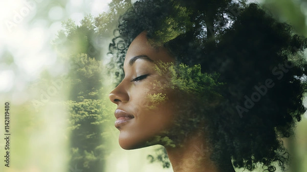Fototapeta Serene Harmony: A woman finds peace in nature, her face partially overlaid with lush foliage, symbolizing a deep connection to the earth.