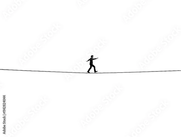Fototapeta Businessman Tightrope Walk: Minimalist Black and White Illustration
