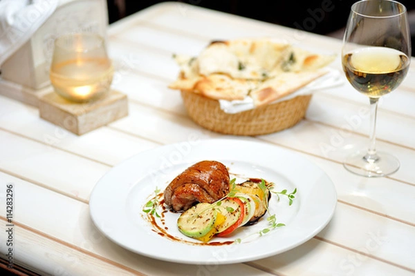 Fototapeta Pork brisket with vegetables in honey-ginger sauce