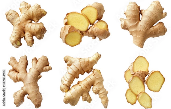 Fototapeta six of fresh ginger root. whole. sliced and in pieces. isolated on transparent background