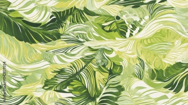 Fototapeta Dynamic wave-like patterns in vibrant shades of lush green, soft lime, and forest jade ripple across the image, mimicking natural energy flow through dense, living vegetation and layered organic 