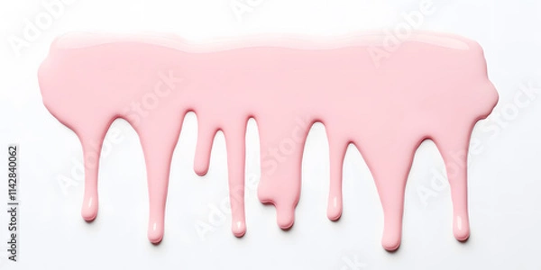 Fototapeta Pastel color pink paint or cream dripping from top on a white background	