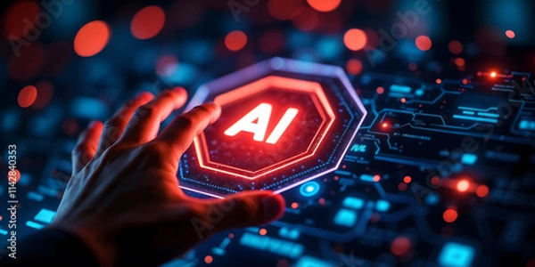 Fototapeta Hand interacting with a digital button with the "AI" symbol, representing artificial intelligence, advanced technology, innovation and the digital future.