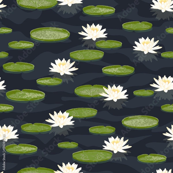 Obraz water lily navy blue reflections pattern