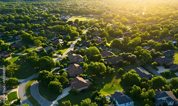Fototapeta Aerial view of a suburban neighborhood surrounded by lush greenery at sunset.