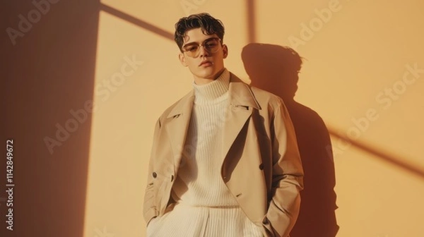 Fototapeta Contemporary minimal fashion scene refined model soft dramatic lighting cinematic ambiance artistic shadows smooth textures luxury style sophisticated atmosphere modern outfit clean aesthetic elegant