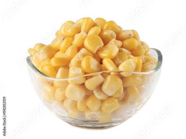Obraz Glass cup with canned corn isolated on a white background.Canned corn kernels.