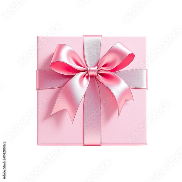 Obraz Pink gift box on top view with pink silk ribbon bow isolated on transparent background