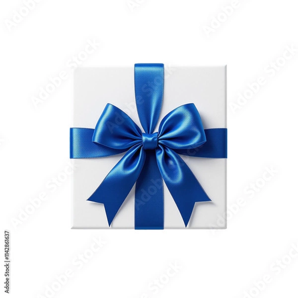 Obraz White gift box on top view with blue silk ribbon bow isolated on transparent background