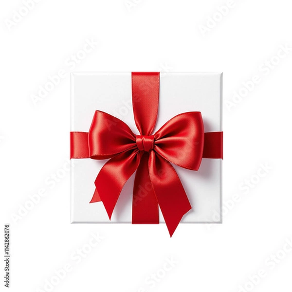 Obraz White gift box on top view with red silk ribbon bow isolated on transparent background