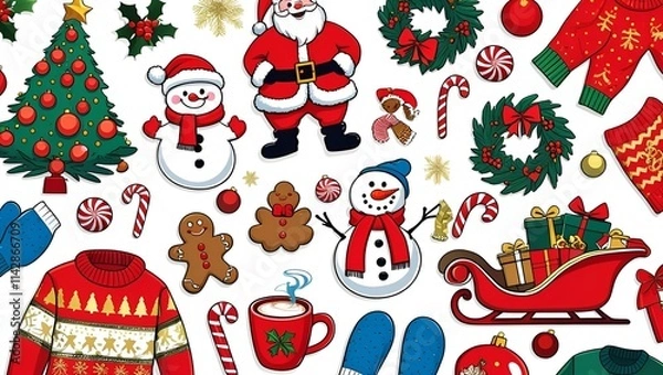 Fototapeta Christmas illustration set of icons poster design. Stickers collection with Santa, snowman, decorated tree, cozy sweater, wreath, presents, and holiday decorations