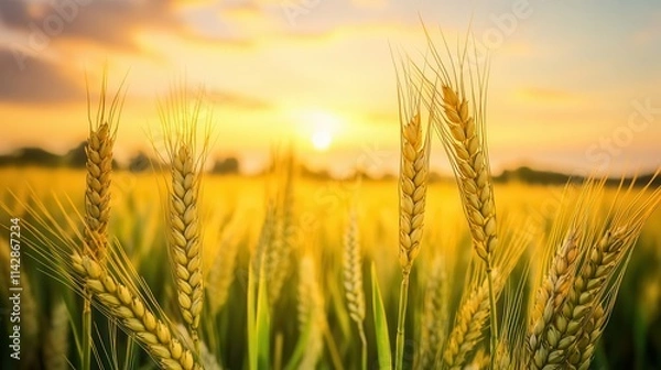 Fototapeta golden wheat field illuminated by the soft morning sun, with green stalks swaying gently against a backdrop of clouds in the clear sky, embodying a peaceful rural setting