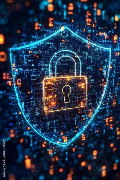 Obraz Digital security shield with lock symbol, representing online safety and data protection against cyber threats.