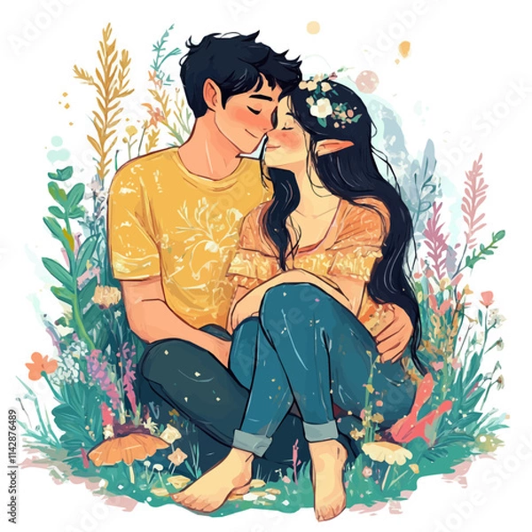 Fototapeta Cute Couple with Fairycore Style Vector Illustration | Soft and Dreamy Fashion Artwork  

