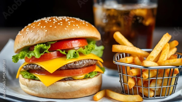Fototapeta A burger with lettuce and tomato on top of a bun, a basket of french fries, and a glass of soda