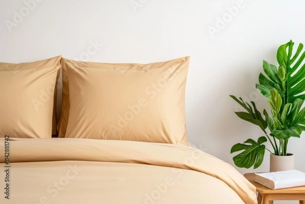 Fototapeta Baby Sleep Day. Simple and cozy bedroom setting with soft cream bedding and a bright pillow.