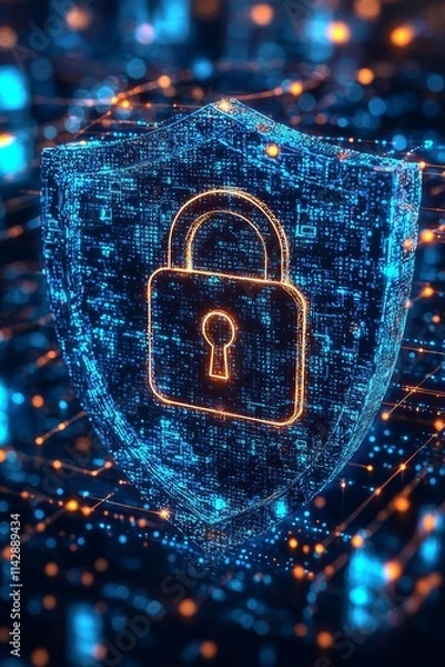 Obraz A digital shield with a lock symbol, representing cybersecurity and data protection in a tech environment.
