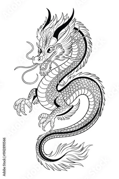 Fototapeta Intricate Chinese Dragon Line Art for Coloring Pages and Design Projects