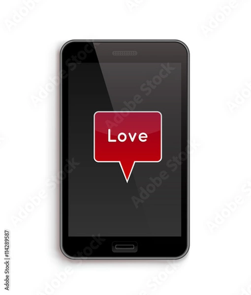 Fototapeta Love on Phone. Vector illustration of smart phone. Happy Valentines Day on Mobile. Phone screen with Hearts.