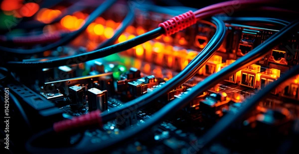 Fototapeta Electrical wires, engineering communications, network connections - AI generated image