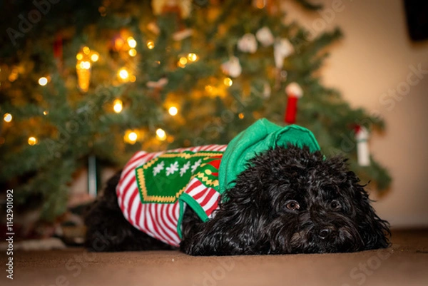 Obraz Tired dog in elf costume with Christmas tree