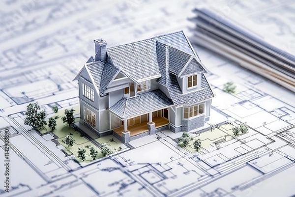 Obraz Architectural House Model on Blueprint