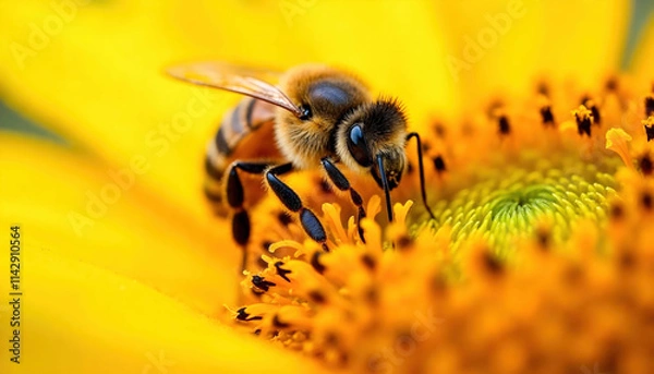 Fototapeta A detailed macro shot of a honeybee collecting nectar from a vibrant flower, showcasing the intricate patterns on its wings and the rich colors of the bloom.