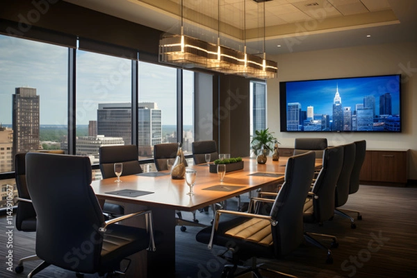 Fototapeta Modern Corporate Board Room with Advanced Amenities and Stunning City View