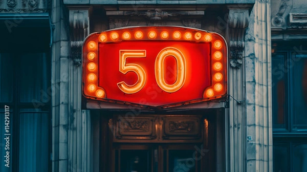 Fototapeta A bright red sign displaying the number 50 above the word off  -