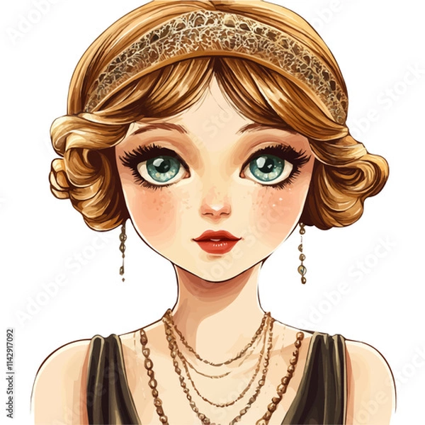 Obraz Cute Girl with 1920s Flapper Style – Elegant Vector Illustration for Vintage Fashion Projects  
