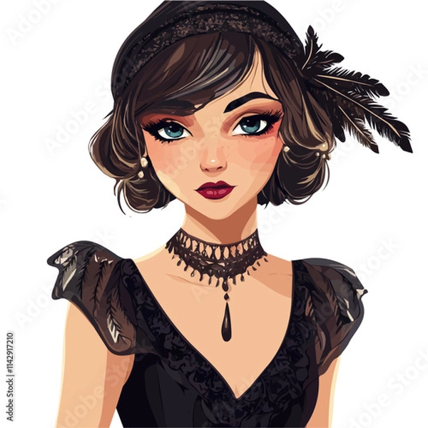 Obraz Cute Girl with 1920s Flapper Style – Elegant Vector Illustration for Vintage Fashion Projects  
